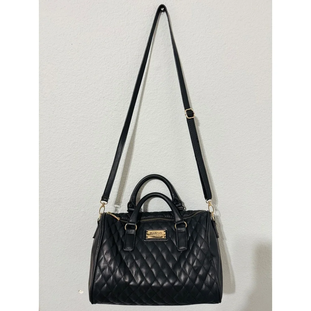 Mango Quilted Black Faux Leather Satchel Handbag Gold Hardware Crossbody Strap‎